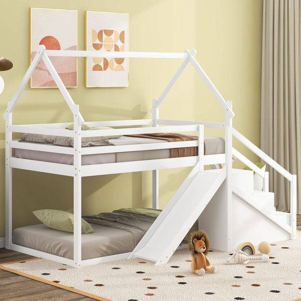 Twin Over Twin Bunk Bed with Storage Stairs & Guardrails