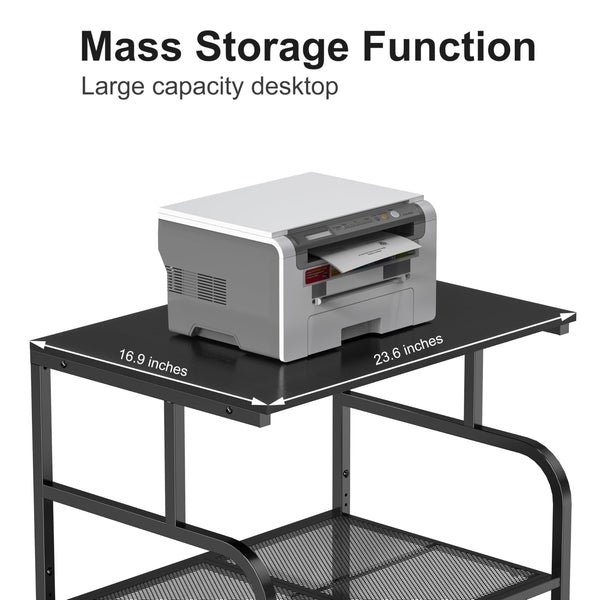 Mobile Printer Stand with 3-Tier Shelf & Large Desktop