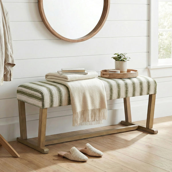 Upholstered Ottoman Bench with Cushion & Rubberwood Legs
