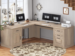 L-Shaped Executive Desk with Drawers & Power Outlet