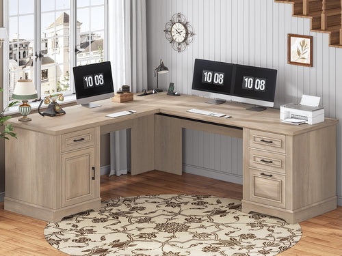 L-Shaped Executive Desk with Drawers & Power Outlet