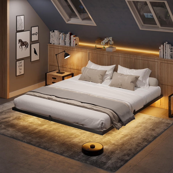 Floating Bed Frame with LED Lights – Metal Platform, Multiple Sizes