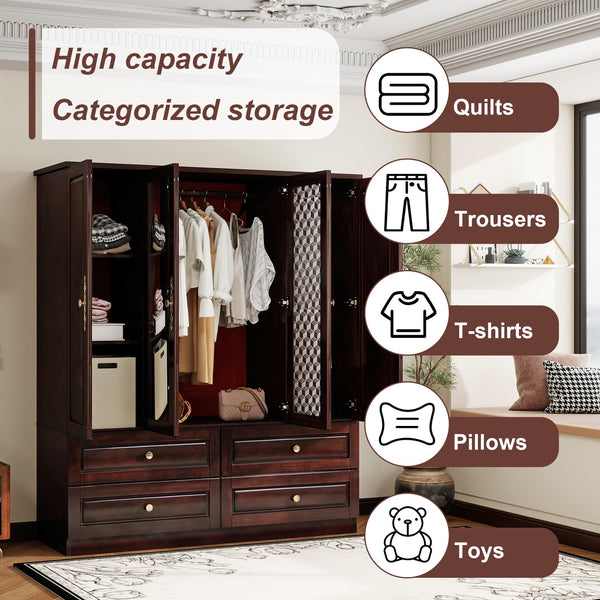 4-Door Solid Wood Armoire Wardrobe with Drawers & Hanging Rods