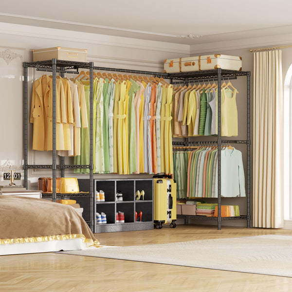 L-Shaped Corner Clothes Rack with Expandable Hanger Rod