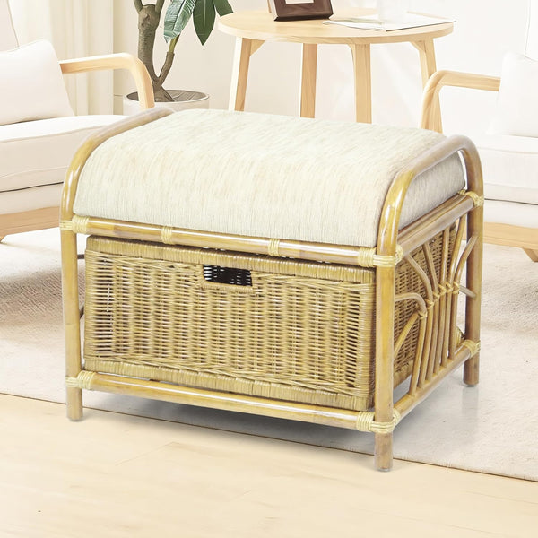 Rattan Wicker Ottoman with Basket and Cushion