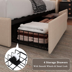 Upholstered Bed Frame with Storage Drawers & Charging Station