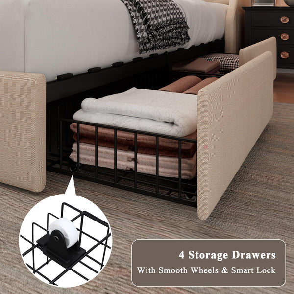 Upholstered Bed Frame with Storage Drawers & Charging Station