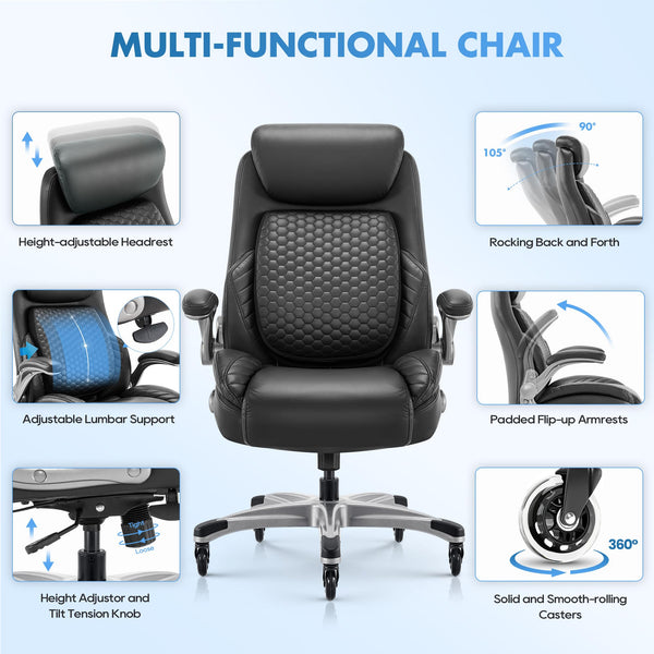 High Back Leather Executive Office Chair with Lumbar Support & Adjustable Headrest