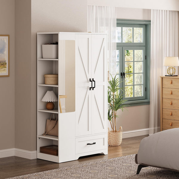70" Wardrobe Closet with Mirror, Drawer & Side Shelves