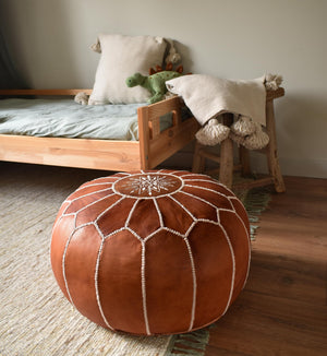 Moroccan Genuine Leather Pouf Ottoman – Cognac Brown