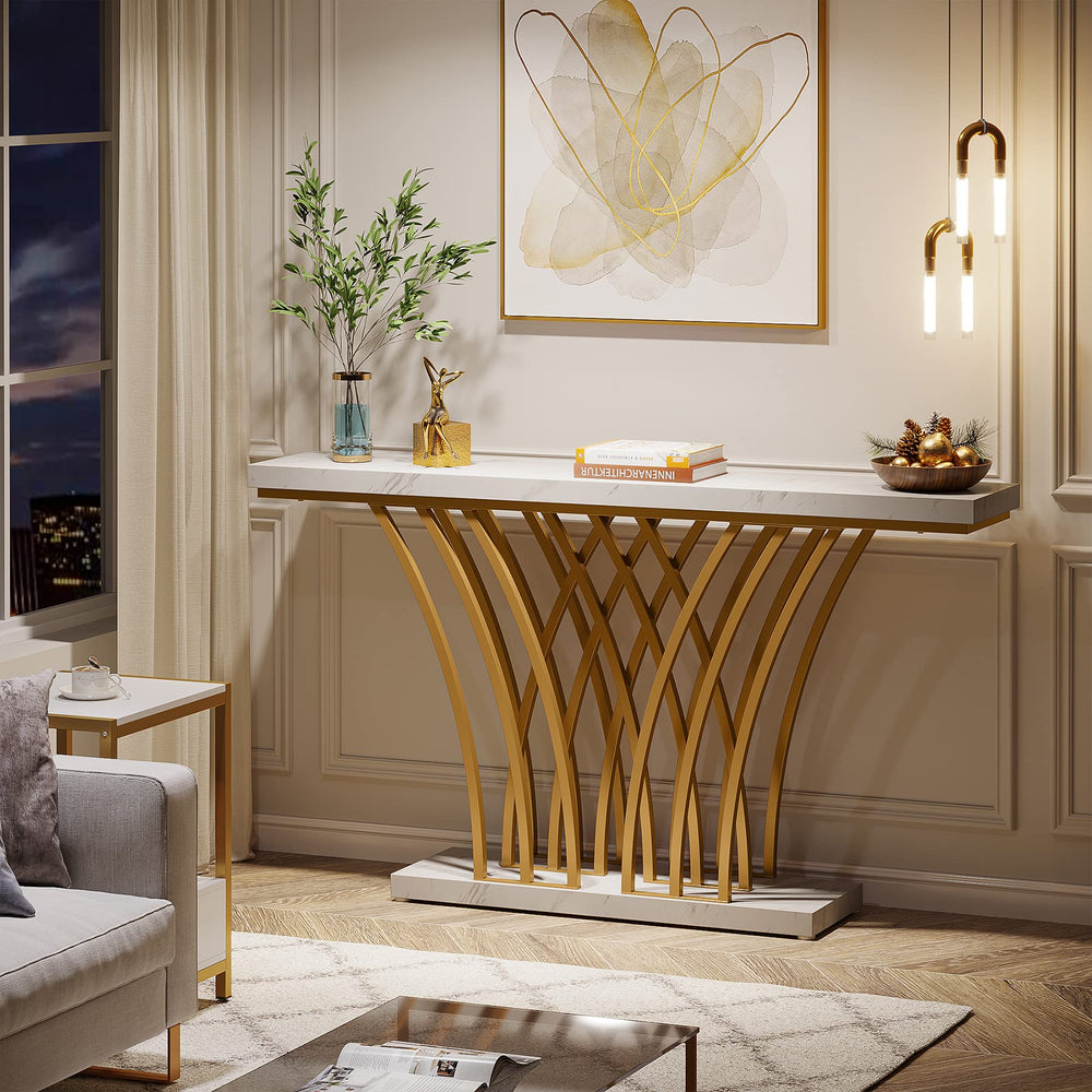 59-Inch Gold Console Table – White Faux Marble & Metal Base