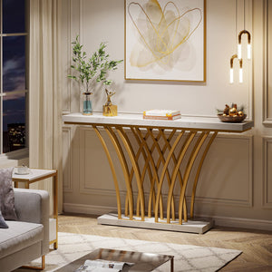 59-Inch Gold Console Table – White Faux Marble & Metal Base