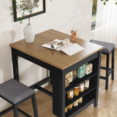 HLR 3-Piece Dining Table Set for 2 Person, Small Farmhouse Kitchen Table with 2 Bar Stools, Wood Dinner Table with Storage Shelves for Dining Room, Apartment, Small Space, Breakfast Nook, Black