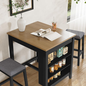 HLR 3-Piece Dining Table Set for 2 Person, Small Farmhouse Kitchen Table with 2 Bar Stools, Wood Dinner Table with Storage Shelves for Dining Room, Apartment, Small Space, Breakfast Nook, Black