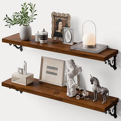 Solid Wood Floating Wall Shelves with Metal Brackets – Set of 2