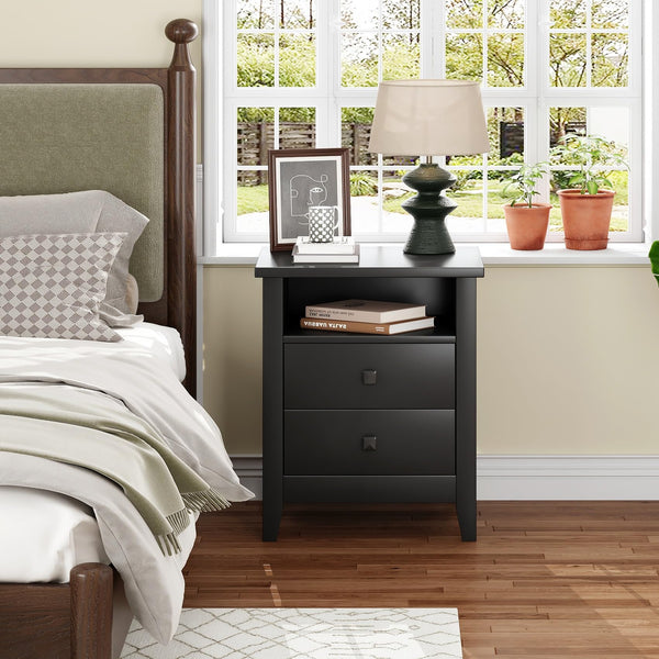 Farmhouse Nightstand Set of 2 with 2 Drawers and Open Shelf