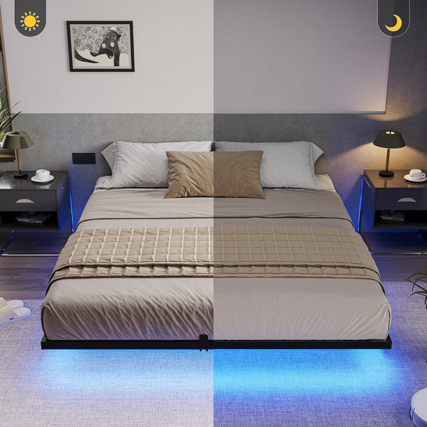 Floating Bed Frame with LED Lights – Metal Platform Bed