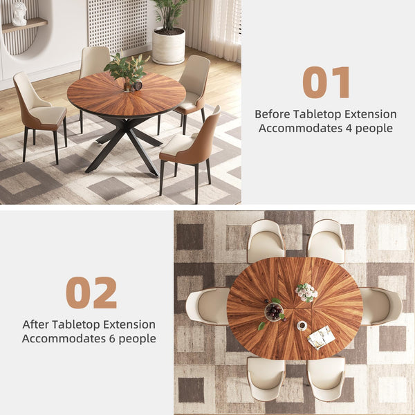 Extendable Round Dining Table with Removable Leaf, Seats 4–6, Walnut