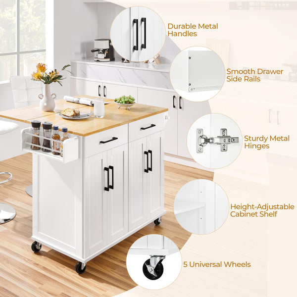 Rolling Kitchen Island Cart with Drop Leaf & Storage