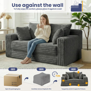 Convertible Sofa Bed Boneless Loveseat Sleeper with 4 Pillows & Detachable Cushion