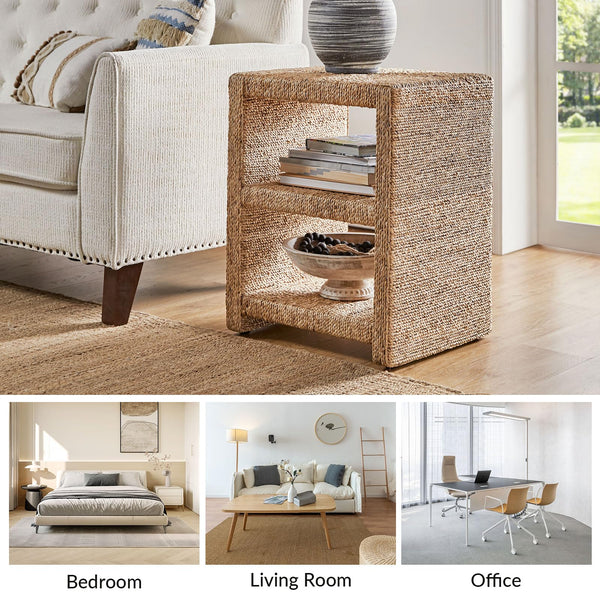 Rattan Nightstand with Seagrass Accents & Drawers – Set of 2