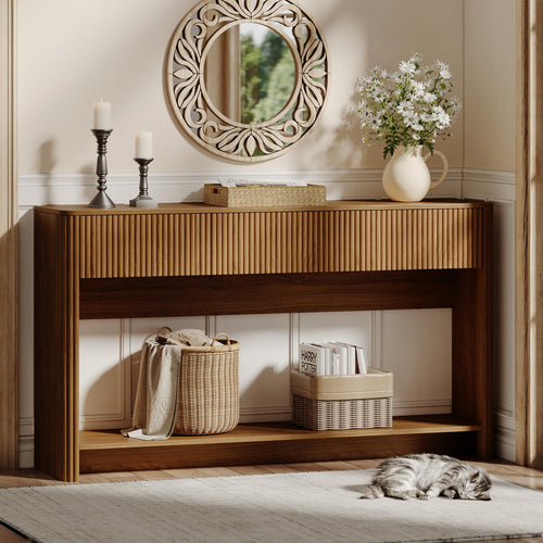 Fluted Console Table with 3 Drawers and Open Shelf