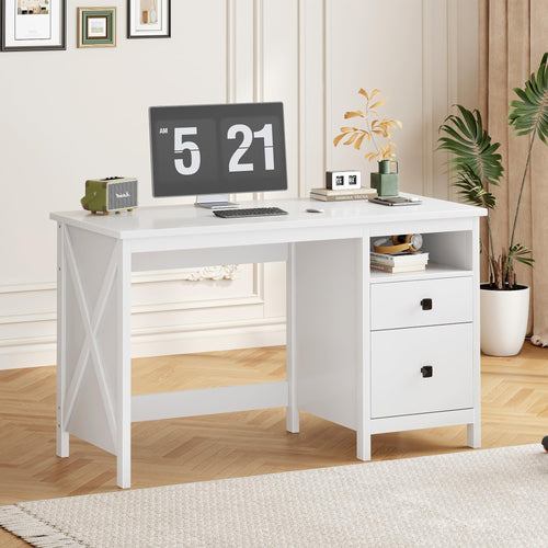 Modern Computer Desk with Drawer and Side Shelf