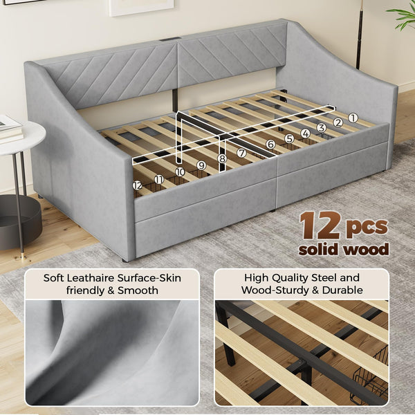 Twin Size Upholstered Daybed with Storage Drawers and Charging Station