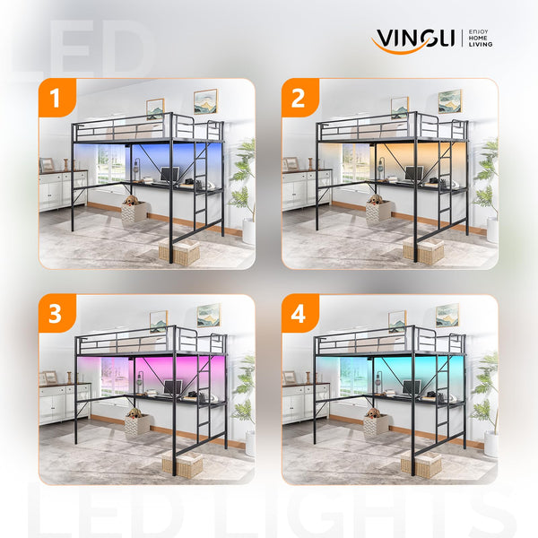 Metal Loft Bed with Desk, LED Lights & Charging Stations
