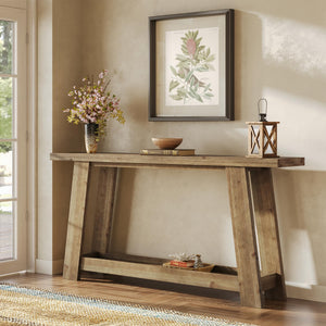 63-Inch Solid Wood Farmhouse Console Table with 2-Tier Shelf