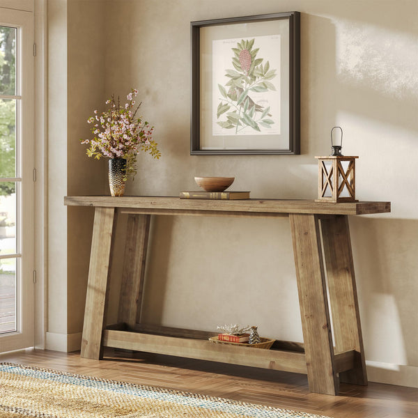 63-Inch Solid Wood Farmhouse Console Table with 2-Tier Shelf