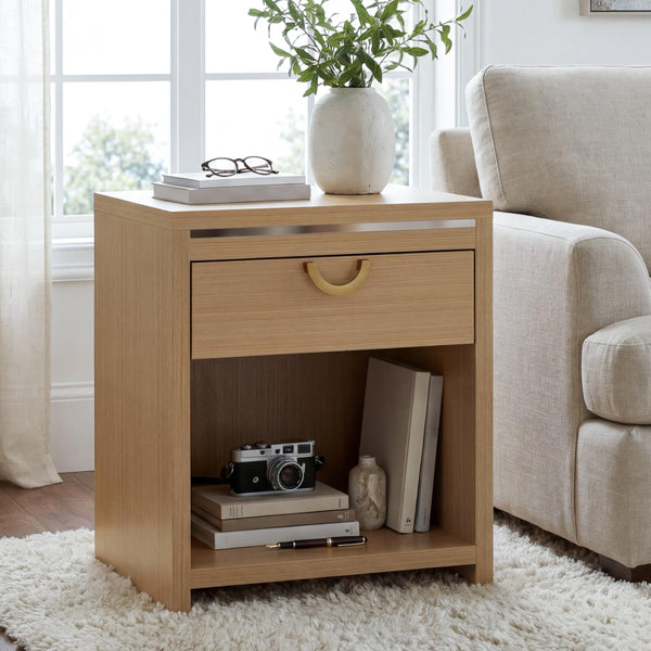 Nightstand Set of 2 with Drawer & Open Shelf, Natural Oak, 25" Tall