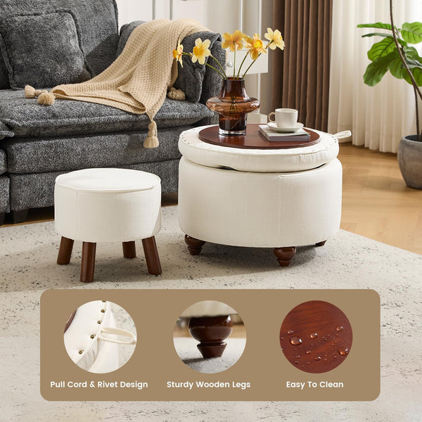 Round Storage Ottoman Set of 2 with Removable Lid & Small Stool
