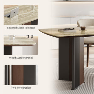 63-Inch Stone Top Dining Table with Dual-Tone Pedestal Legs