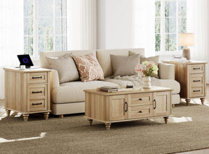 3-Piece Farmhouse Living Room Table Set with Charging Station