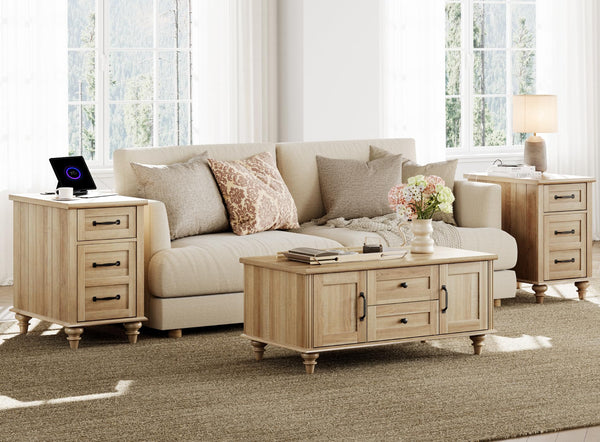 3-Piece Farmhouse Living Room Table Set with Charging Station