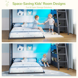 L-Shaped Twin Over Twin Bunk Bed with Storage Bins & LED Lights