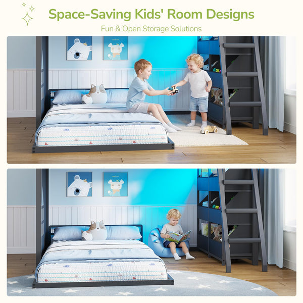 L-Shaped Twin Over Twin Bunk Bed with Storage Bins & LED Lights