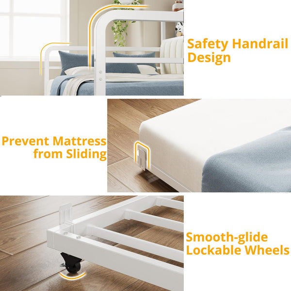 Daybed with Trundle, LED Lights & Charging Station – Metal Sofa Bed with Storage Shelves