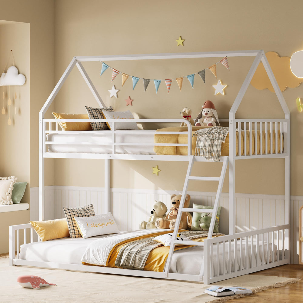 Twin Over Full House Bunk Bed – Metal Frame with Ladder & Guardrail