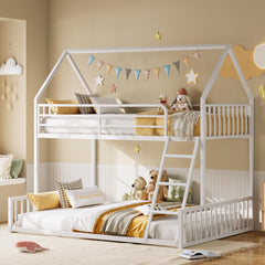Twin Over Full House Bunk Bed – Metal Frame with Ladder & Guardrail