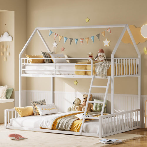 Twin Over Full House Bunk Bed – Metal Frame with Ladder & Guardrail