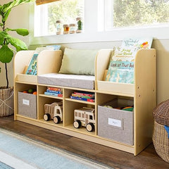 Kids Reading Nook Bookshelf Bench with Storage Bins, Shelves & Seat Cushion