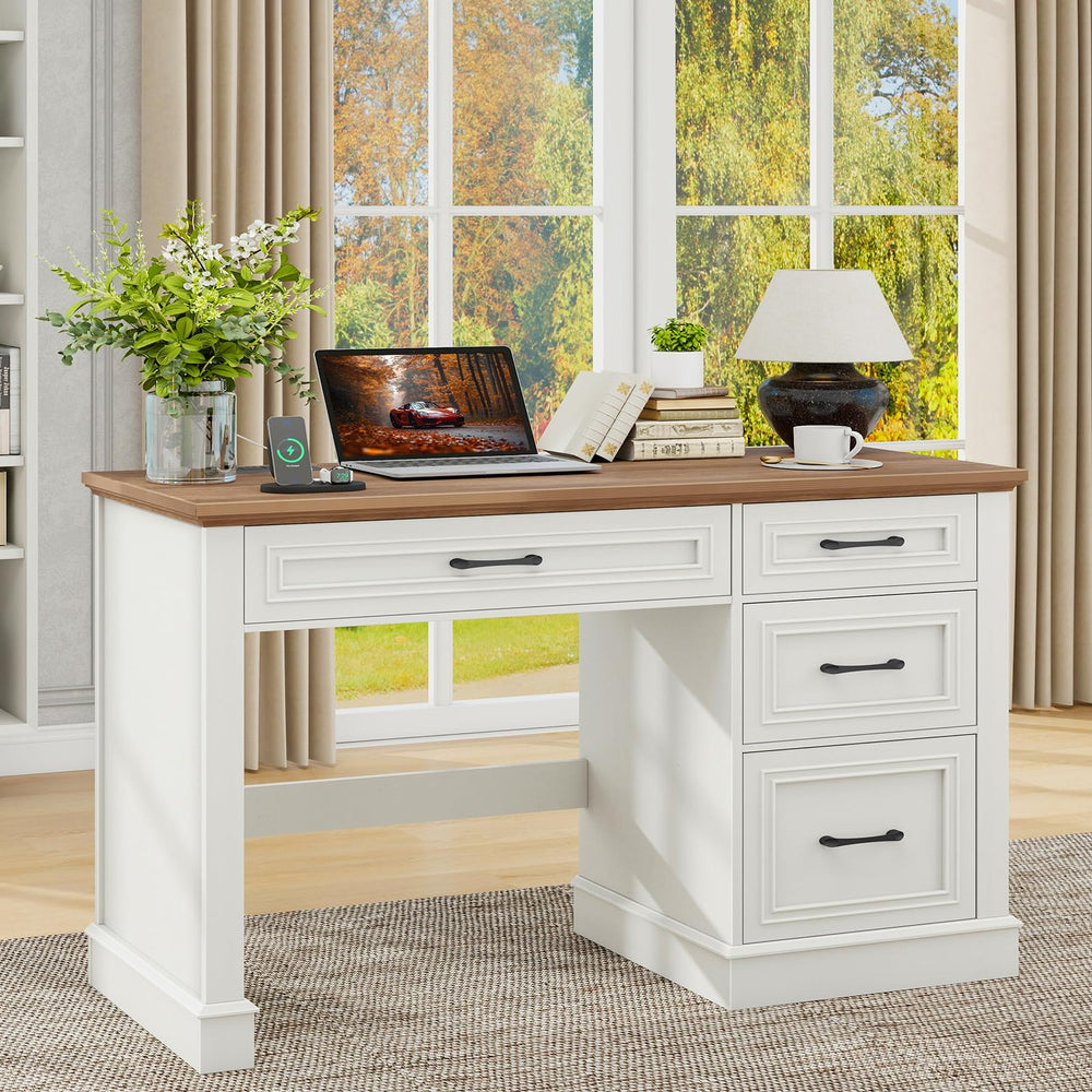 47" Farmhouse Executive Desk with Drawers, File Drawer & Charging Station