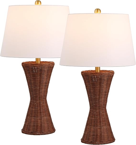 27" Natural Woven Rattan Hourglass Table Lamp Set of 2