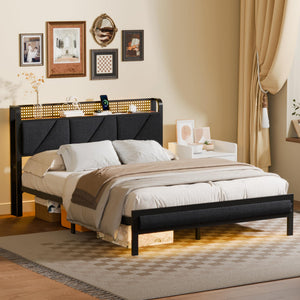 Platform Bed Frame with LED Headboard, Charging Station & Storage
