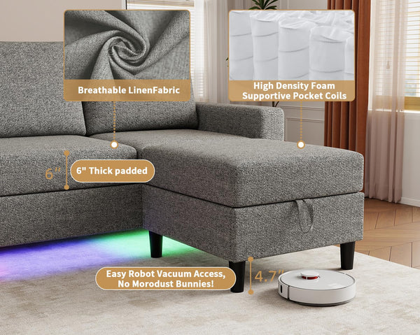 U-Shaped Sectional Sofa with RGB LED Light & USB Charging