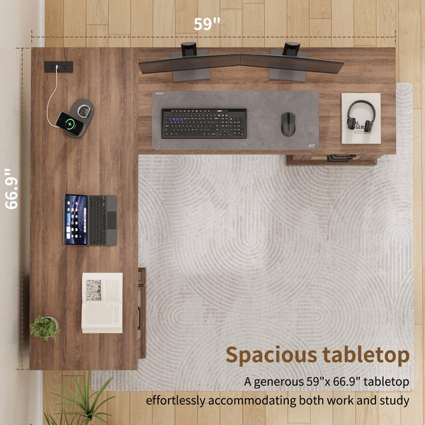 Farmhouse L-Shaped Corner Desk – 3 Drawers, 2 Cabinets & Built-In Power Outlets