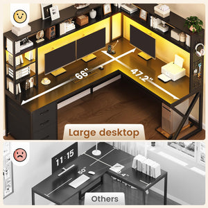 L-Shaped Gaming & Computer Desk with Storage, LED Lights & Power Outlet