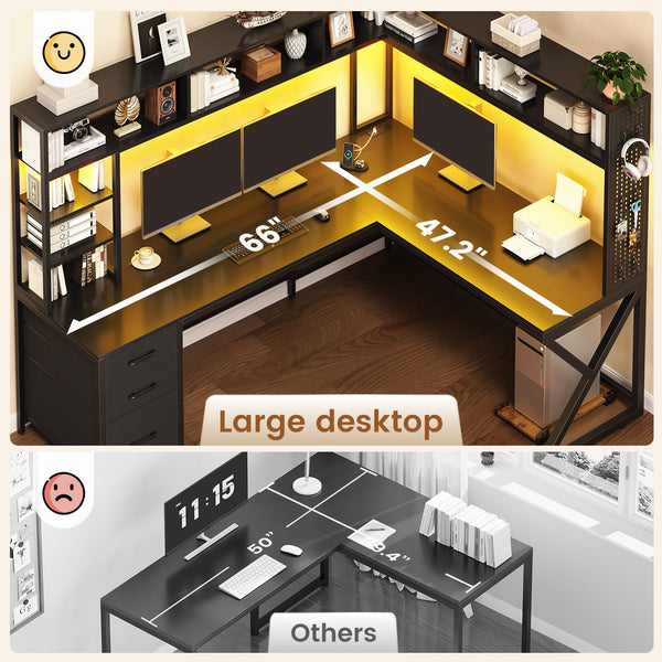 L-Shaped Gaming & Computer Desk with Storage, LED Lights & Power Outlet